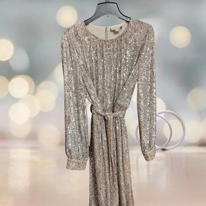 Sachin & Babi Chloe Sequin Belted Tie Waist Silver Shift Dress